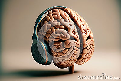 A brain wearing headphones, representing the power of music to stimulate and activate cognitive function, generative ai Cartoon Illustration