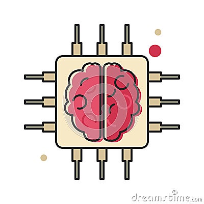 Human brain inside a computer chip. Artificial Intelligence or AI concept. Flat style illustration. Vector Illustration