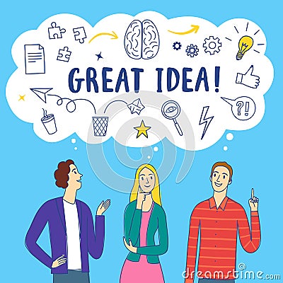 Brainstorm colorful illustration with cartoon people thinking together Vector Illustration