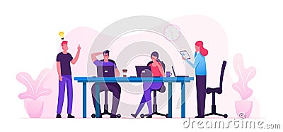 Brainstorm Concept. Creative People in Office Have Idea Working Together with Laptops and Tablet. Successful Team Vector Illustration