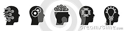 Brainstorm, Cyber Education Solid Symbol Collection on White Background. Intelligent Technology Glyph Pictogram. Human Vector Illustration