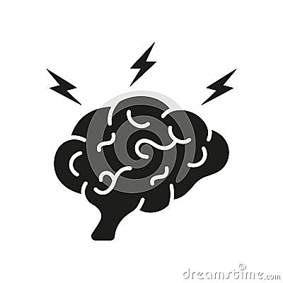 Brainstorm Glyph Pictogram. Think about Creative Idea Solid Sign. Human Brain with Lightning, Brainstorming Concept Vector Illustration