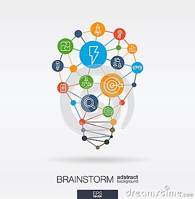 Brainstorm integrated thin line icons in idea light bulb shape. Digital neural network interact concept. Idea, solution Vector Illustration