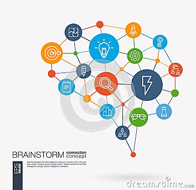 Brainstorm, light bulb, imagination, team work integrated business vector icons. Digital mesh smart brain idea Vector Illustration