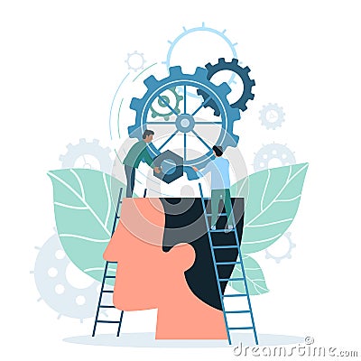 Brainstorm, project developement in workers brain, tiny people work with gears in head Vector Illustration