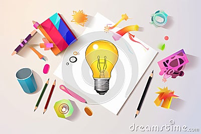 Brainstorming concept with a light bulb and school supplies AI generated Stock Photo