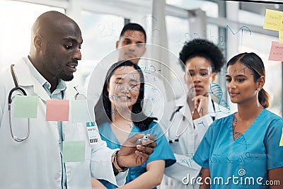 Brainstorming, consulting and teamwork with doctors in meeting for writing, medical and strategy with sticky note board Stock Photo