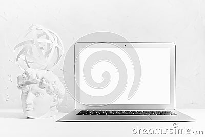 Brainstorming and idea concept - abstract image of swirl thoughts for solution of problem over antique head of thinking statue. Stock Photo
