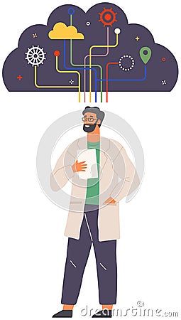 Brainstorming man with gear brain scheme in cloud. Scientist with abstract technical mindset Vector Illustration