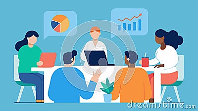 Brainstorming Session A group of diverse spets gathered around a large table with charts and graphs brainstorming Vector Illustration