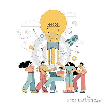 Brainstorming, sharing business ideas, collaborating. Little people, thinking about an idea, a job, a plan. Vector Illustration