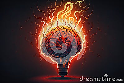Brainstorming solo for Introverts. How to Brainstorm When Working Alone. Creative Ideas. Burning bright red flame human brains in Stock Photo