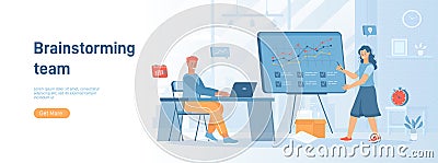 Brainstorming team working on projects, creating a new product. Colleagues discussion communication. Vector Illustration