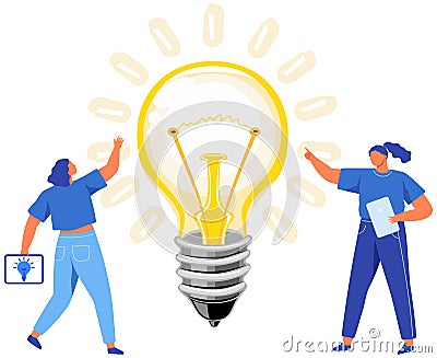 Brainstorming, teamwork with startup creation concept. Light bulb as symbol of creative idea Vector Illustration