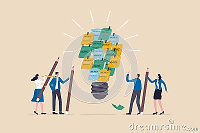 Brainstorming to gather new idea, effective meeting discussion, people invent and discover solution, scrum concept, business Vector Illustration