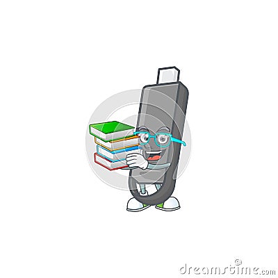 A brainy clever cartoon character of flashdisk studying with some books Vector Illustration