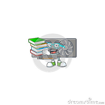 A brainy clever cartoon character of gaming VGA card studying with some books Vector Illustration