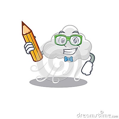 A brainy student cloudy windy cartoon character with pencil and glasses Vector Illustration