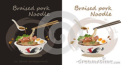 Braised pork noodle Flat vector illustration of Thai Noodle two-tone background. Vector Illustration