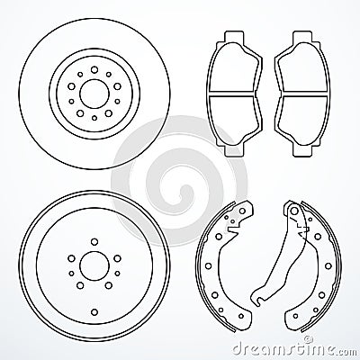 Brake disc, brake drum and brake pads. Brake parts icons Vector Illustration