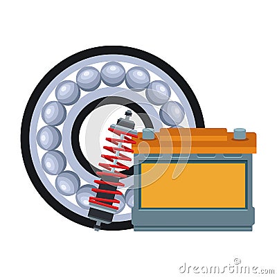 Brake disc with shock absorber and car battery, colorful design Vector Illustration