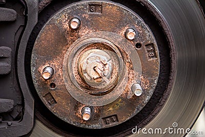 Brake discs on the machine with the removed wheels on the jacks. wheel replacements Stock Photo