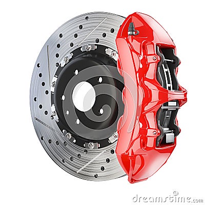 Brake disk and red caliper. Brakes system Stock Photo