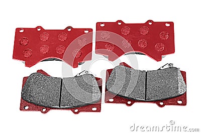 Brake pads. Car brake pads on a white background. Top view of a set of red brake pads. Group of spare parts for the car Stock Photo