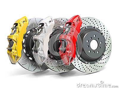 Braking system. Car brake disks with different perforations and calipers isolated on white background Cartoon Illustration