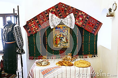 Bran Castle, Romania traditional food table. Bran Castle knows more as Dracula's castle. Stock Photo