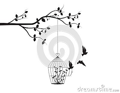 Branch with bird cage with open door and flying bird silhouettes vector, wall decals, wall decor, poster design Vector Illustration