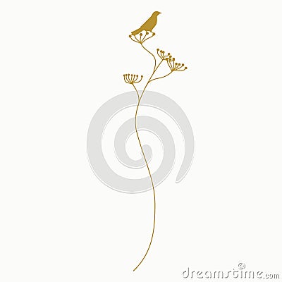 A branch with a bird and leaves is a concise element of your design in mustard color Stock Photo
