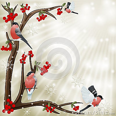 Branch and birds bullfinch with space for text Vector Illustration