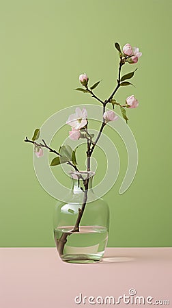 branch with blossoming flowers in a glass vase, concept of the arrival of spring, vertical photo Stock Photo