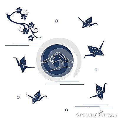 Branch of cherry blossoms, mount Fuji and origami paper cranes. Vector Illustration