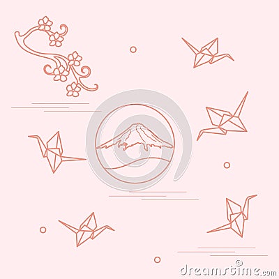 Branch of cherry blossoms, mount Fuji and origami paper cranes. Vector Illustration