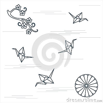 Branch of cherry blossoms, sixteen petal chrysanthemum and origami paper cranes. Vector Illustration