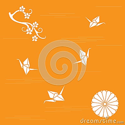 Branch of cherry blossoms, sixteen petal chrysanthemum and origami paper cranes. Vector Illustration