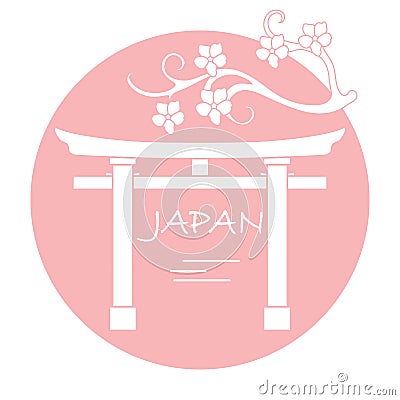Branch of cherry blossoms and torii, ritual gates. Vector Illustration