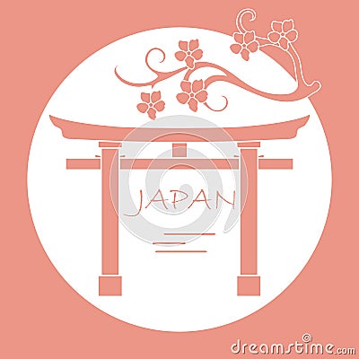 Branch of cherry blossoms and torii, ritual gates. Vector Illustration