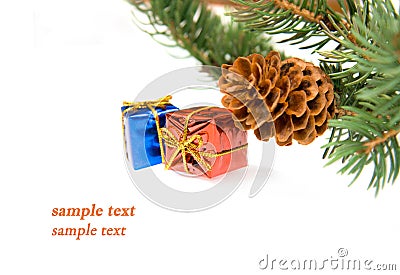 Branch of Christmas tree and gifts Stock Photo