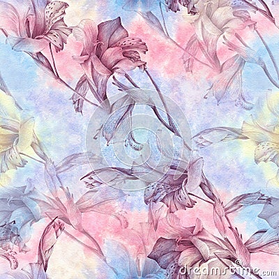 Branch with flowers - Gladiolus. Watercolor background. Abstract wallpaper with floral motifs. Seamless pattern. Wallpaper. Stock Photo