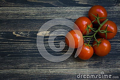 A branch of fresh red tomatoes on a black background Stock Photo