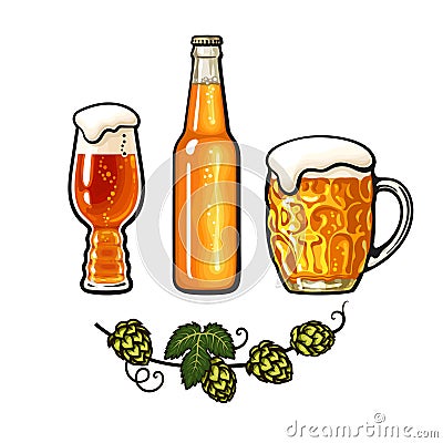 Branch of hop, big mug full of beer with foam and bubbles, bottle and IPA beer glass. Vector illustration Vector Illustration