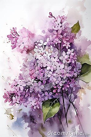 Branch of lilac flowers. Vertical digital watercolor painting. Generative AI Stock Photo