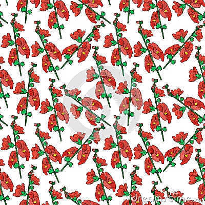 Branch of mallow with red blossoming flowers, seamless pattern Stock Photo