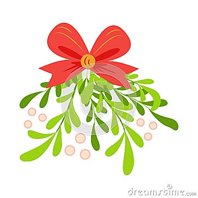 Branch of mistletoe with berries and red bow. A bouquet of Christmas. Vector Illustration