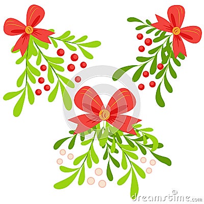 Branch of mistletoe with berries and red bow. A bouquet of Christmas. Vector Illustration