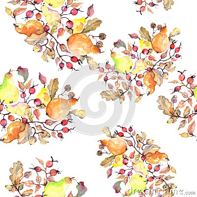 Branch of pears with rose hips fruit. Watercolor background illustration set. Seamless background pattern. Cartoon Illustration