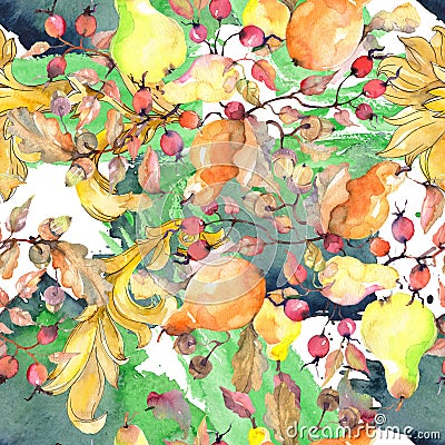Branch of pears with rose hips fruit. Watercolor background illustration set. Seamless background pattern. Cartoon Illustration